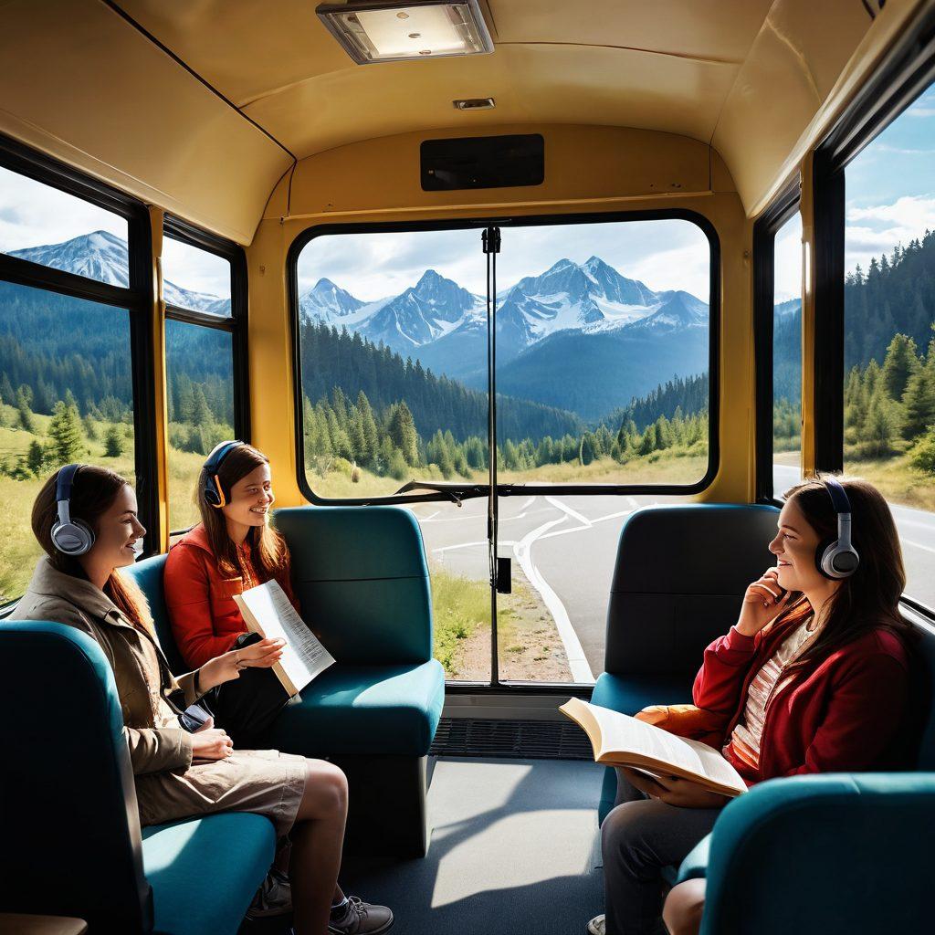A serene bus interior filled with happy passengers enjoying their journey, large windows displaying scenic landscapes of mountains and forests passing by. Soft light illuminates the bus, creating a warm and inviting ambiance. Include personal touches like travel books, snacks, and headphones to enhance the cozy atmosphere. super-realistic. vibrant colors. dynamic perspective.