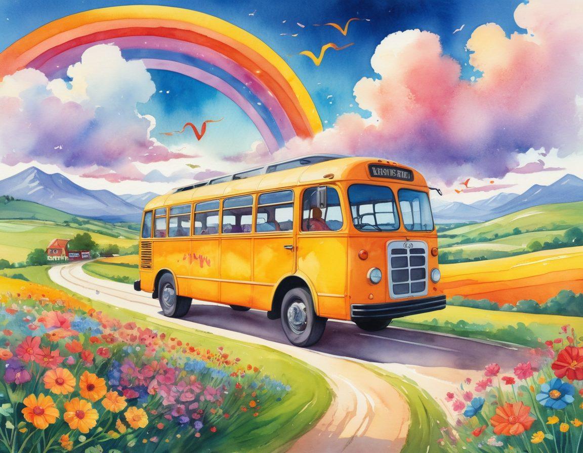 A whimsical scene of a vibrant bus winding through a colorful landscape, filled with smiling couples enjoying the journey. The sun shines brightly overhead, casting warm light on fields of blooming flowers. Illustration includes playful elements like heart-shaped clouds and cheerful musical notes floating through the air. The bus is decorated with romantic motifs and has an open door inviting adventure. watercolor style. bright colors. enchanting atmosphere.