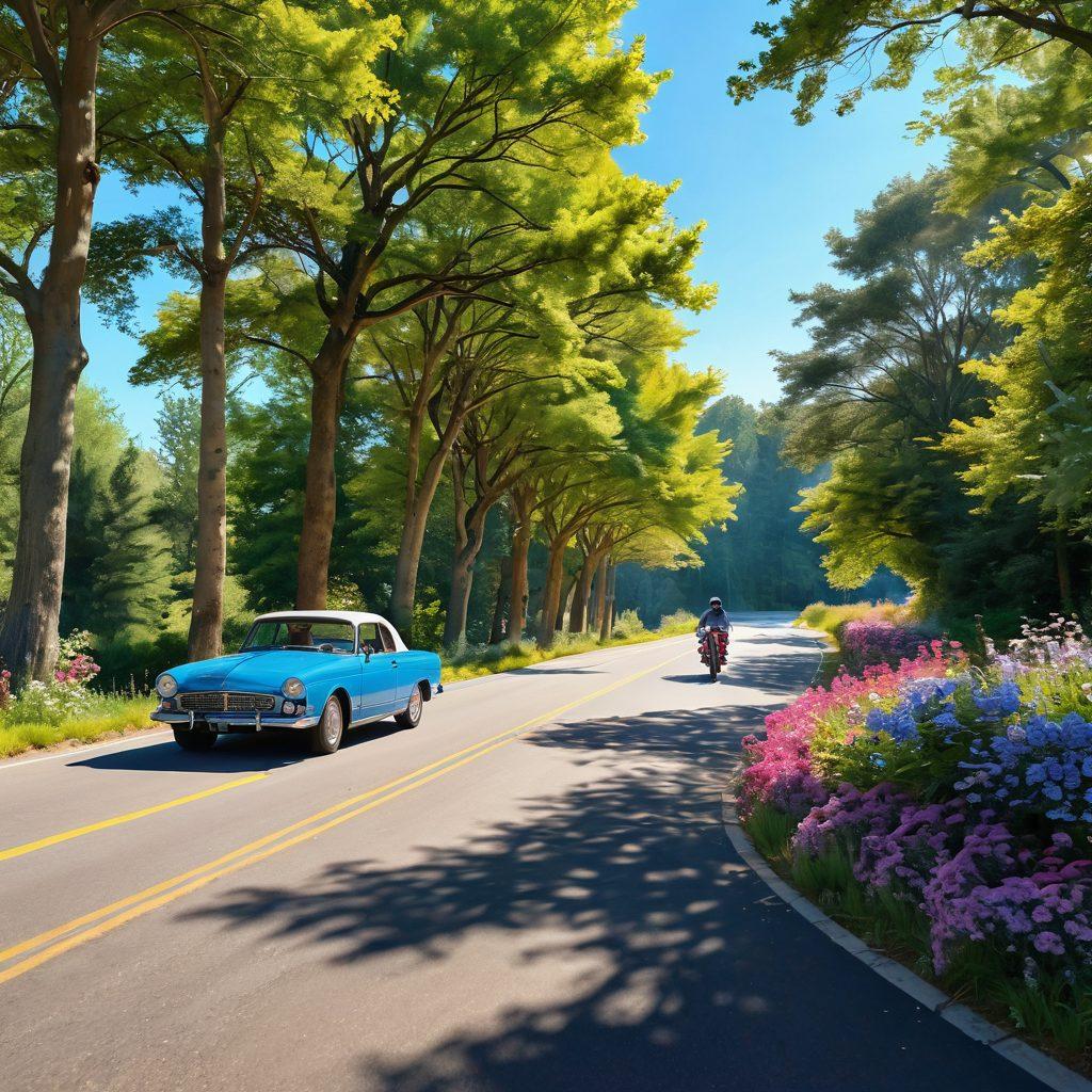 A serene landscape featuring a winding road bordered by vibrant flowers and trees, with a bright blue sky overhead. A joyful cyclist and a cheerful person driving a vintage car can be seen enjoying the journey. Subtle hints of sunbeams breaking through the trees evoke a sense of peace and happiness. The atmosphere radiates positivity and tranquility, inviting viewers to embrace their daily commute with joy. 3D, vibrant colors, super-realistic.